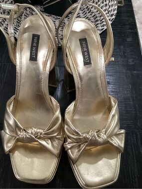Nine West Metallic Gold Knot Front Slingback Heels